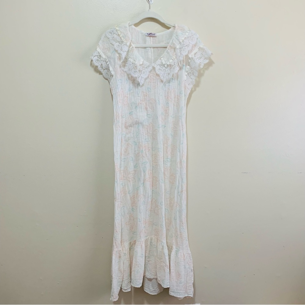 Vintage Gilead Lace Trim Maxi Nightgown in Soft Pastel Floral Cotton Gauze
